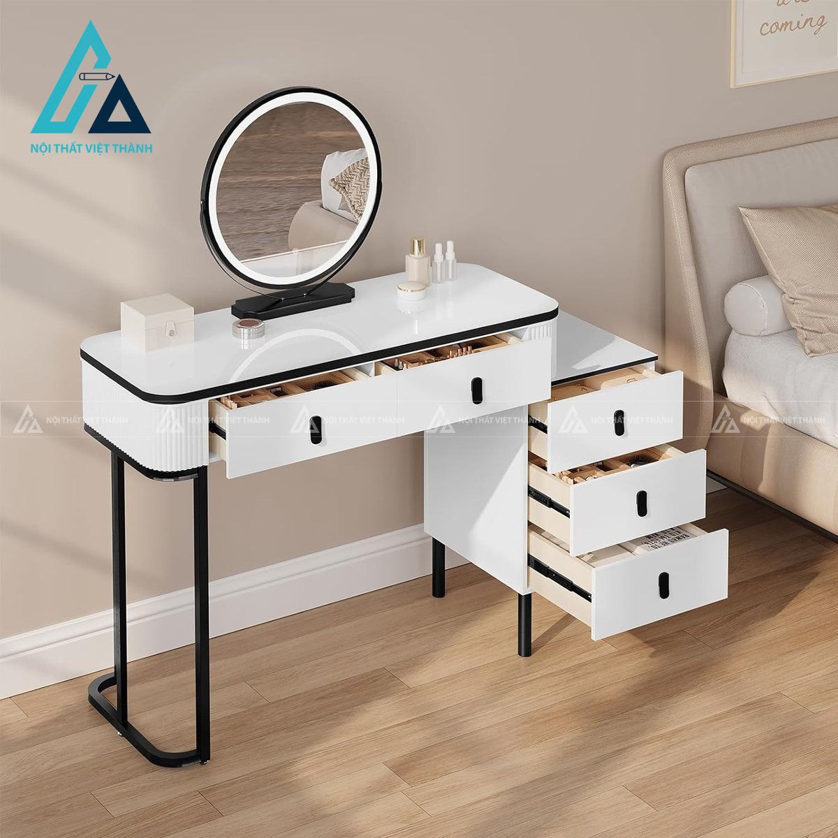 Bàn trang điểm gương LED xoay 360 kèm tủ phụ trắng hiện đại 1