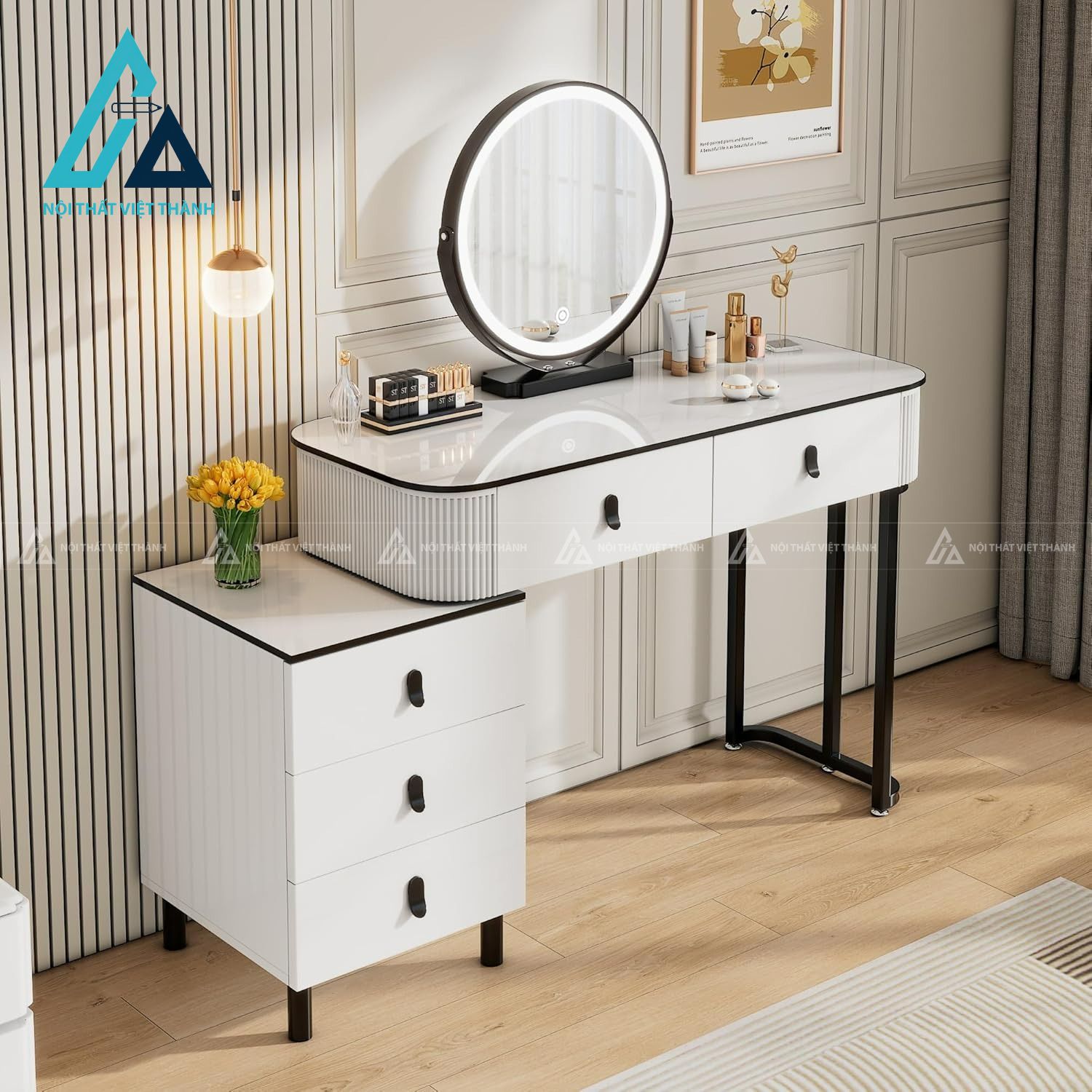 Bàn trang điểm gương LED xoay 360 kèm tủ phụ trắng hiện đại 3