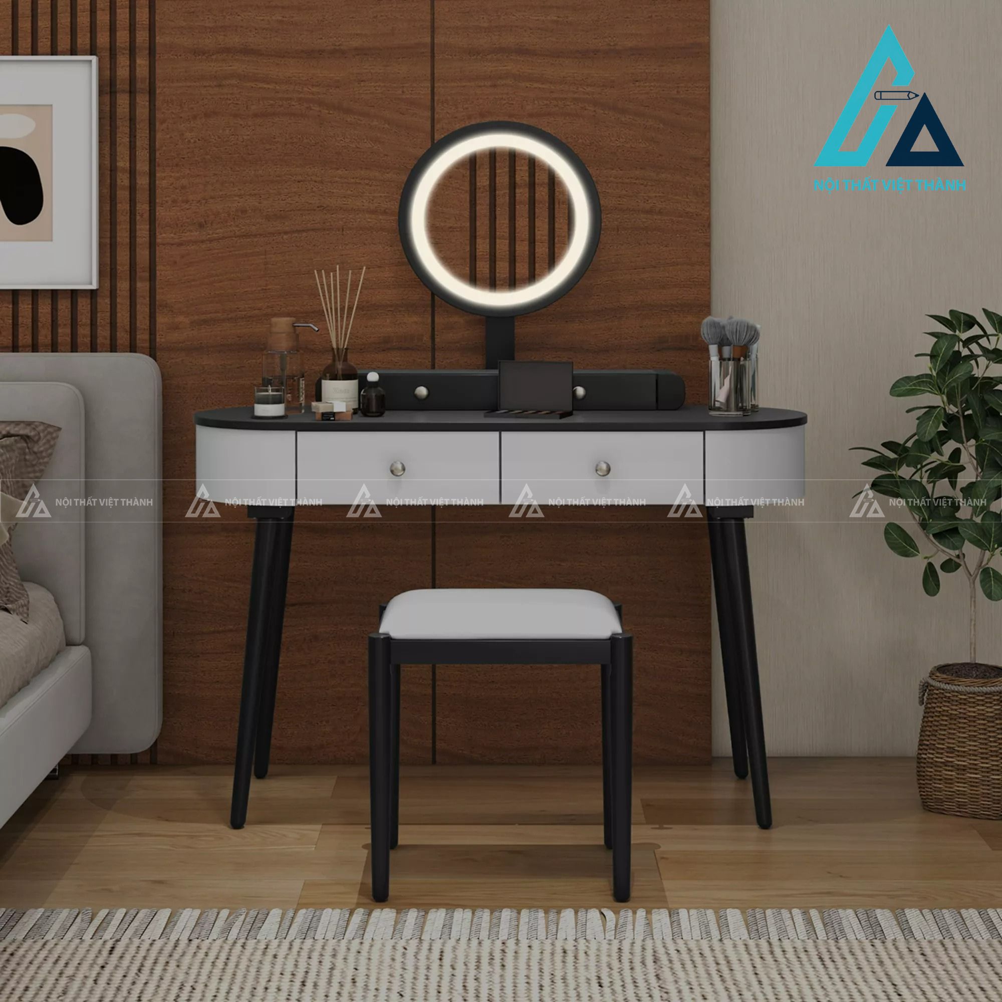 Bàn trang điểm MDF gương LED cảm ứng 4 ngăn kéo phối trắng đen hiện đại 1