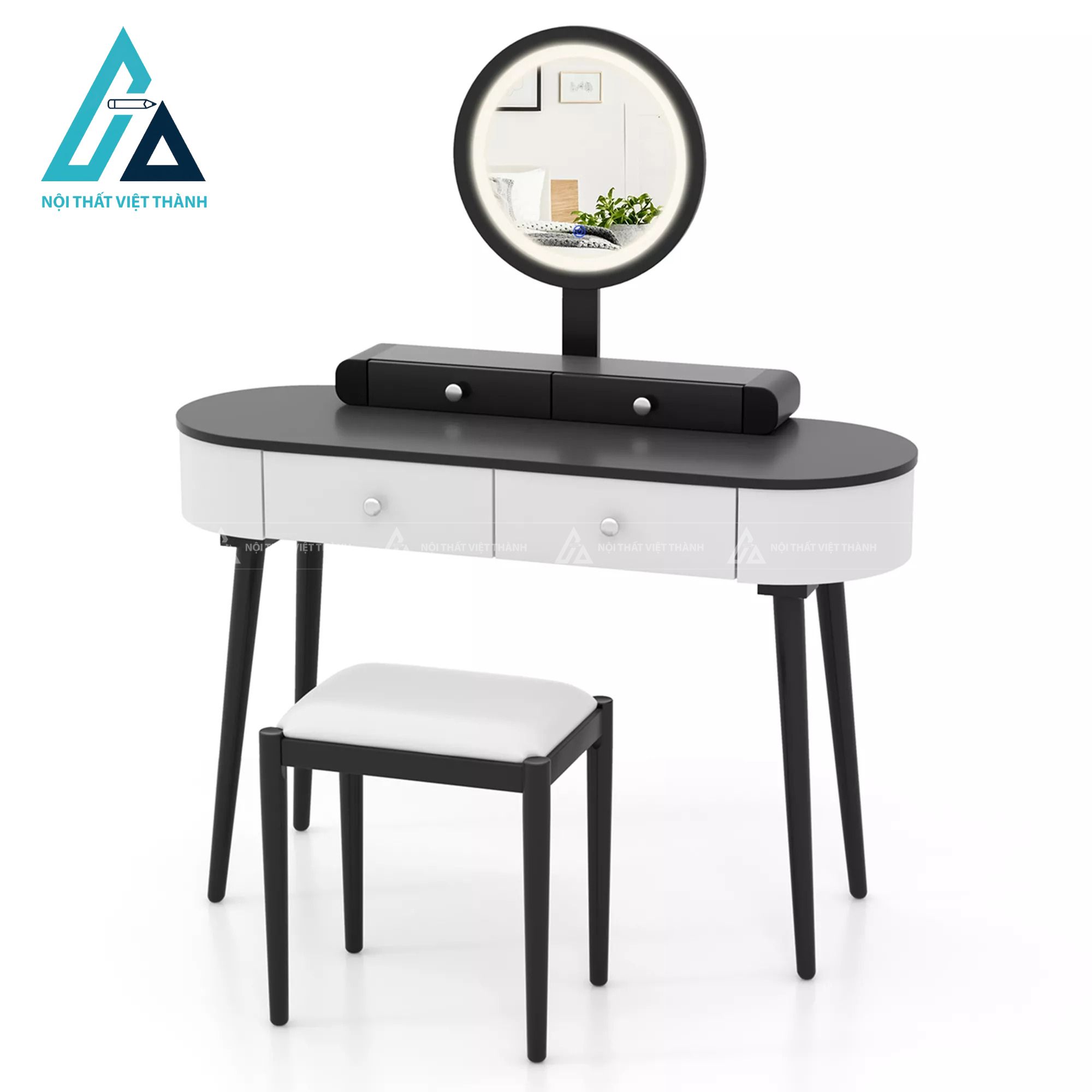 Bàn trang điểm MDF gương LED cảm ứng 4 ngăn kéo phối trắng đen hiện đại 3