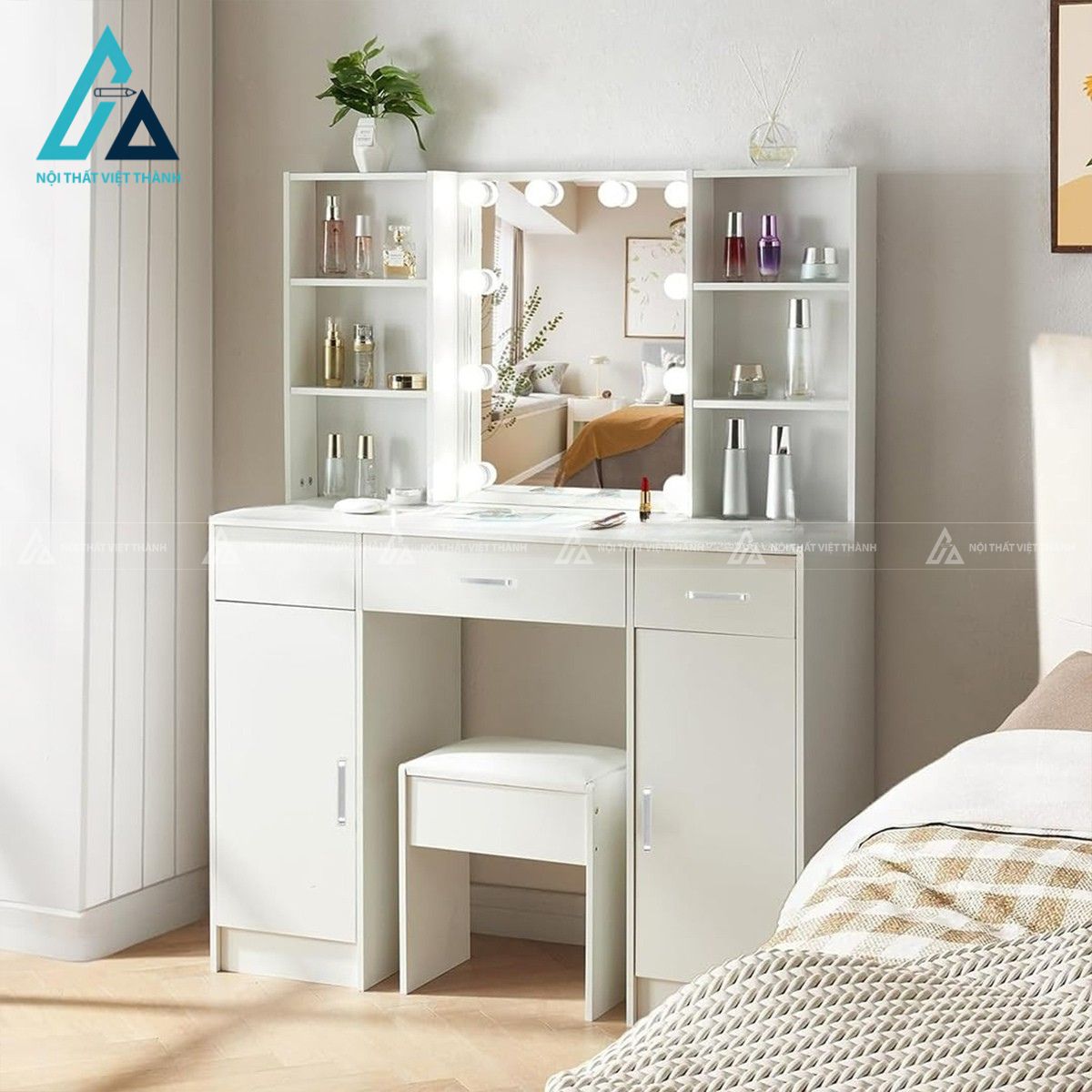 Bàn trang điểm MDF gương LED hiện đại màu trắng cao cấp 1