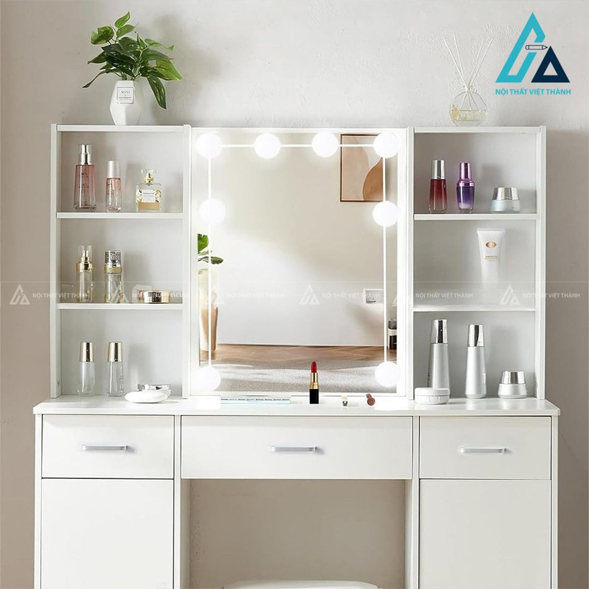Bàn trang điểm MDF gương LED hiện đại màu trắng cao cấp 3