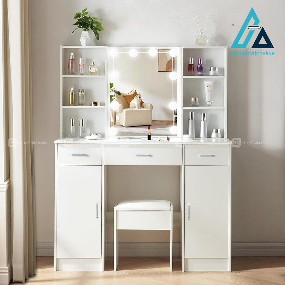 Bàn trang điểm MDF gương LED hiện đại màu trắng cao cấp