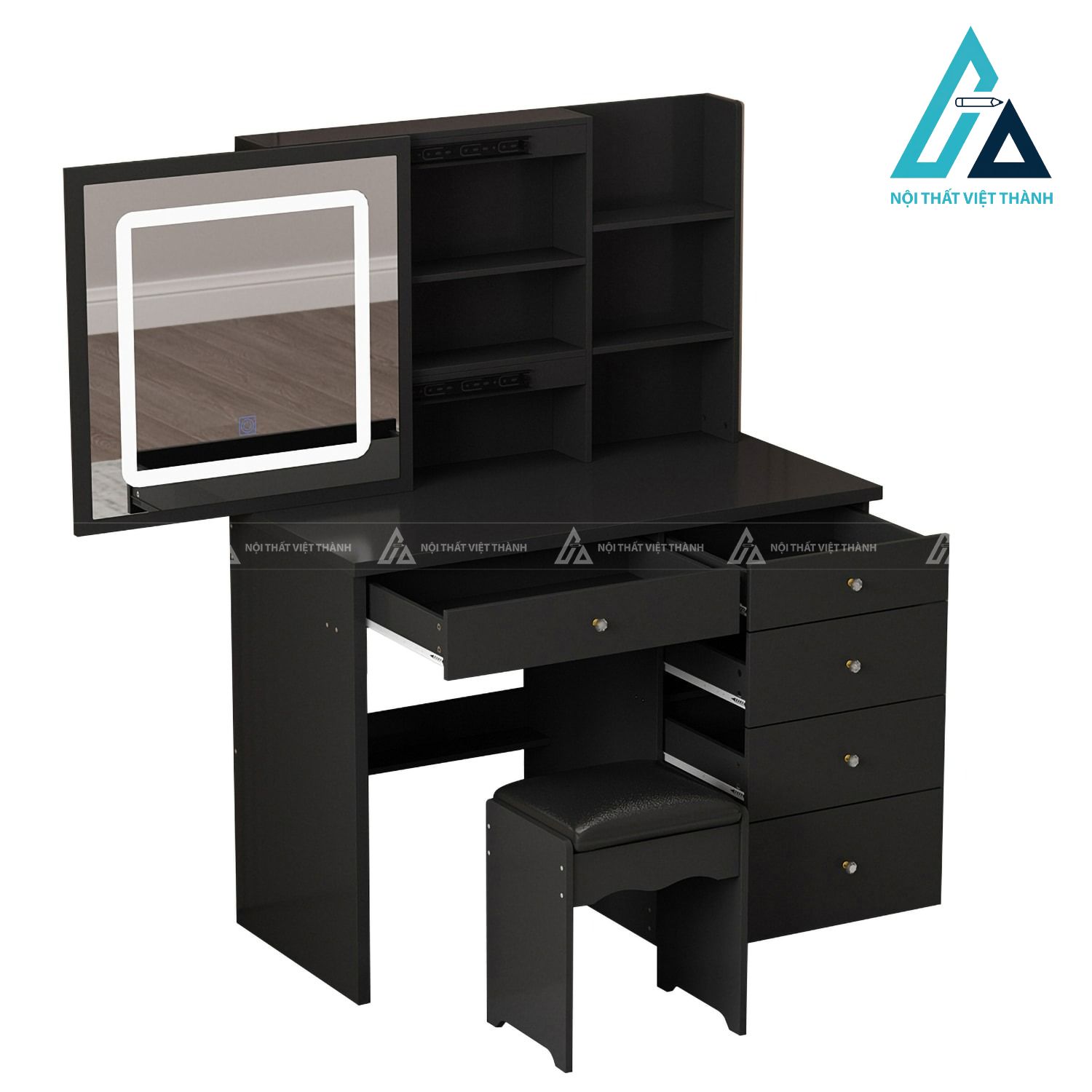 Bàn trang điểm MDF gương trượt LED màu đen hiện đại nhiều ngăn tiện ích 1