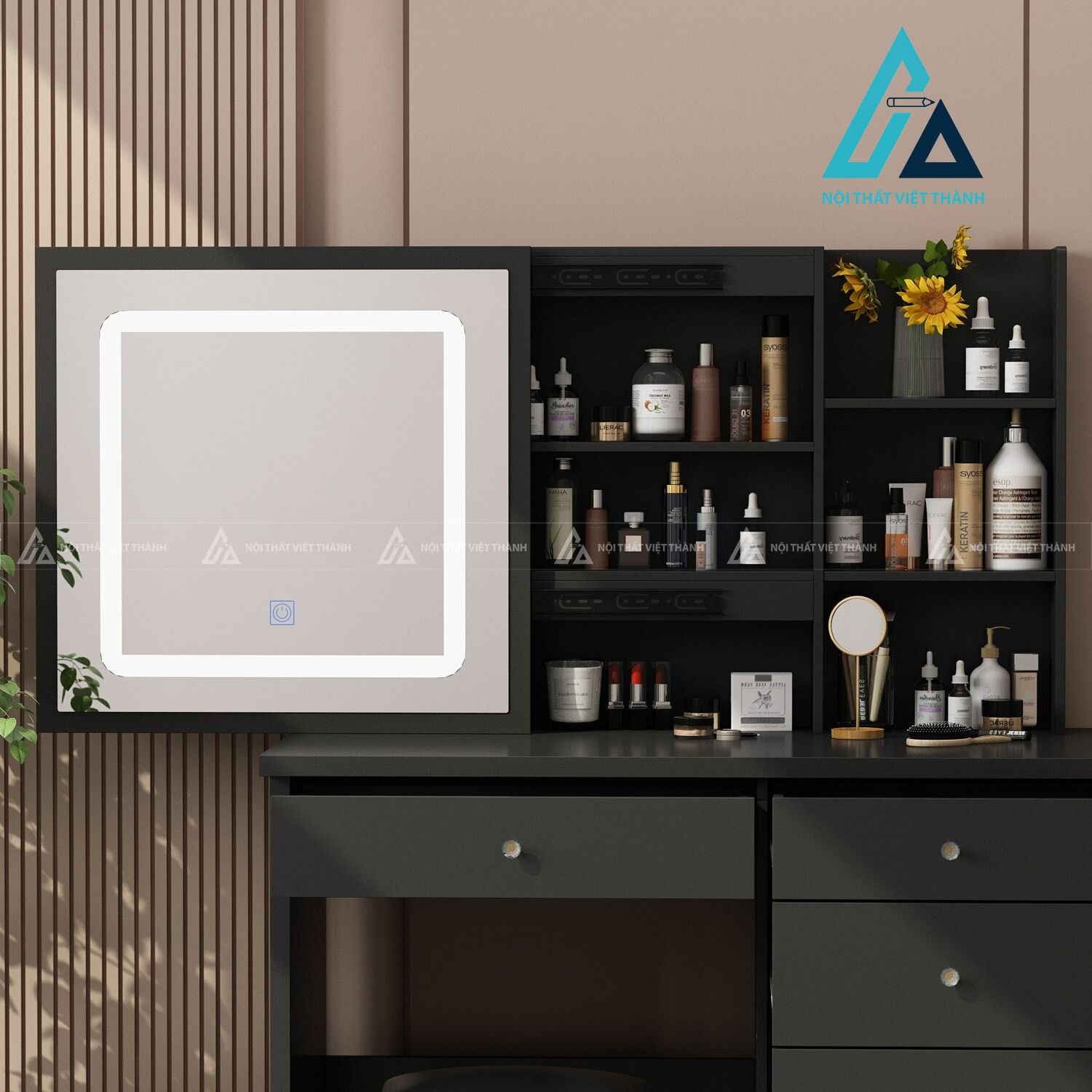 Bàn trang điểm MDF gương trượt LED màu đen hiện đại nhiều ngăn tiện ích 2