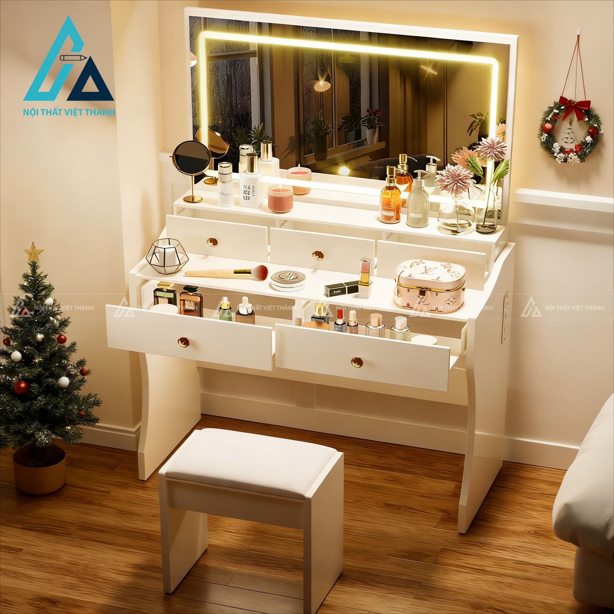 Bàn trang điểm MDF hiện đại kèm gương LED và 5 ngăn kéo tiện dụng 2