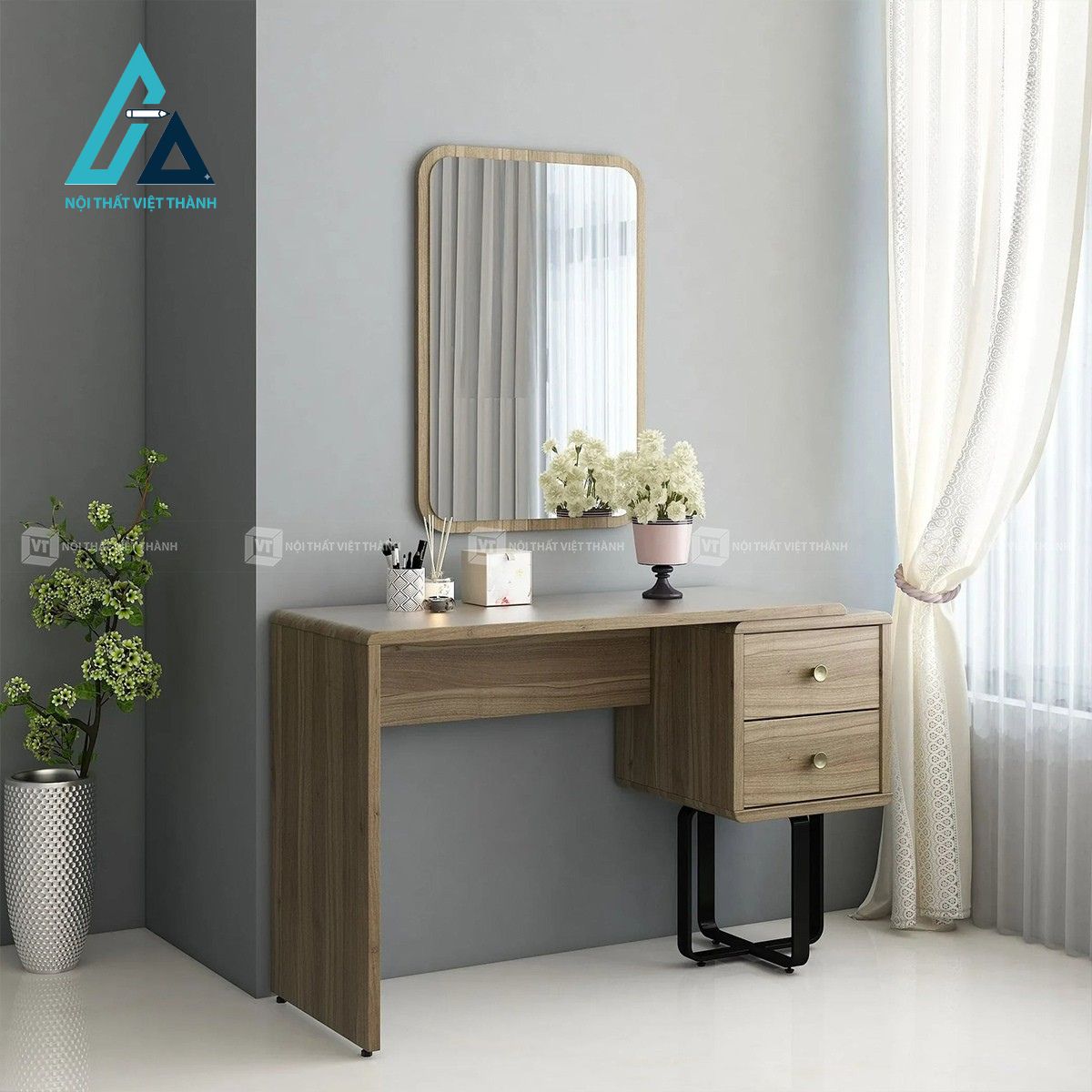 Bàn trang điểm MDF màu teak vân gỗ hiện đại cho phòng ngủ
