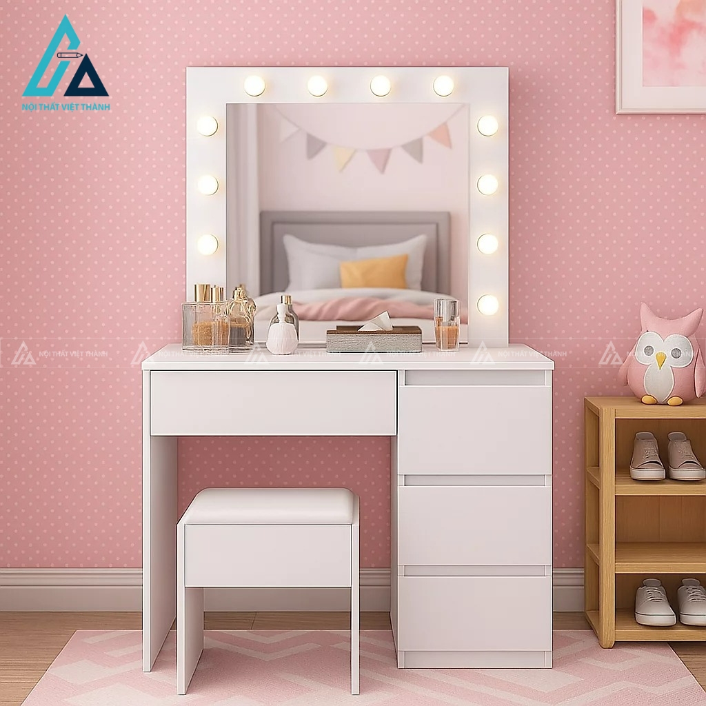 Bàn trang điểm MDF màu trắng gương LED kèm ghế