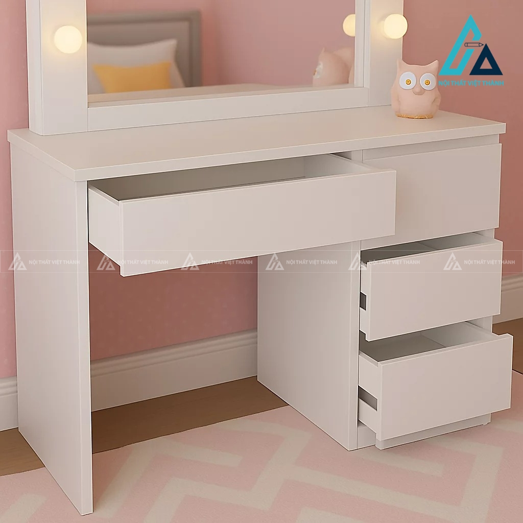 Bàn trang điểm MDF màu trắng gương LED kèm ghế 4