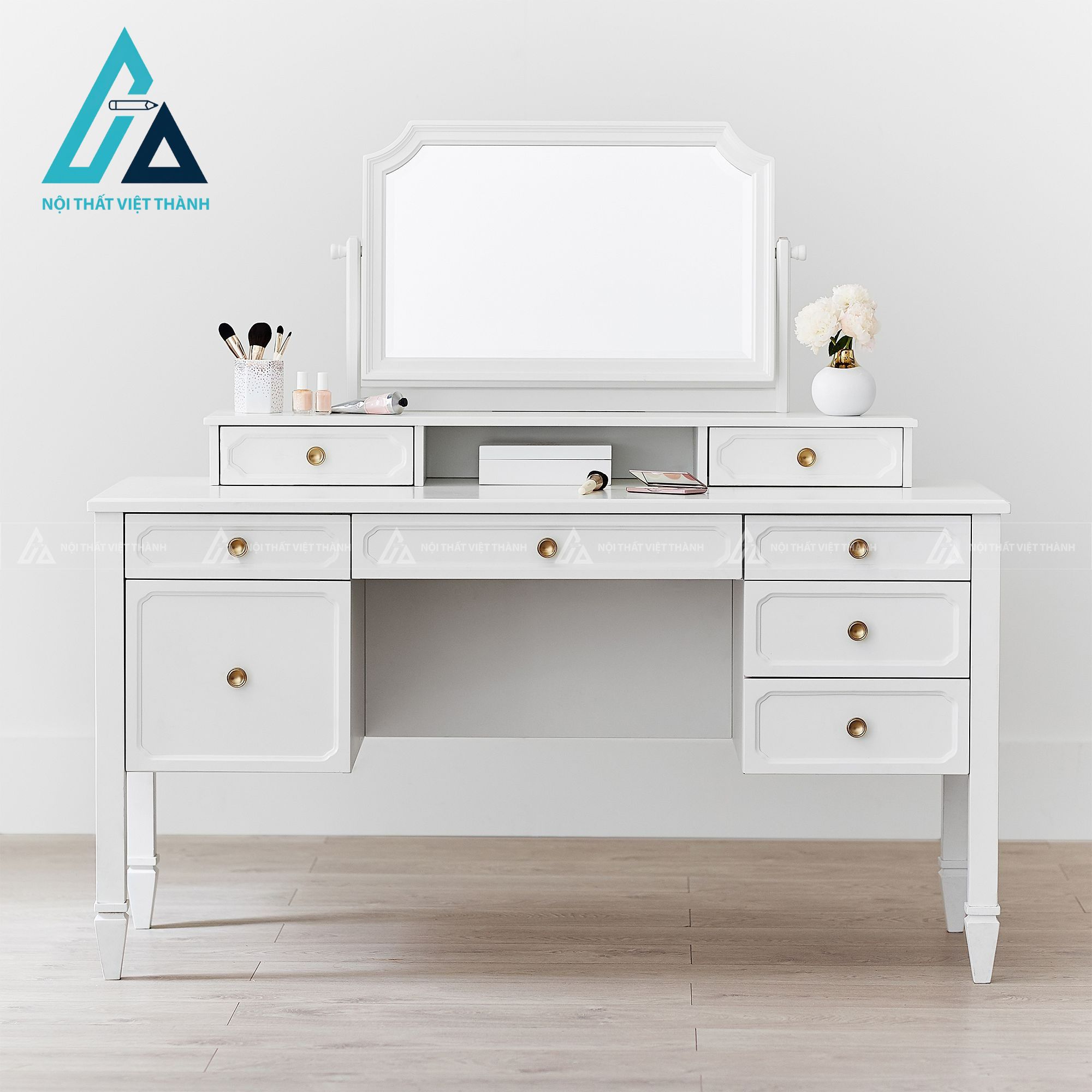 Bàn trang điểm MDF màu trắng phong cách tân cổ điển kèm gương và nhiều ngăn tiện dụng