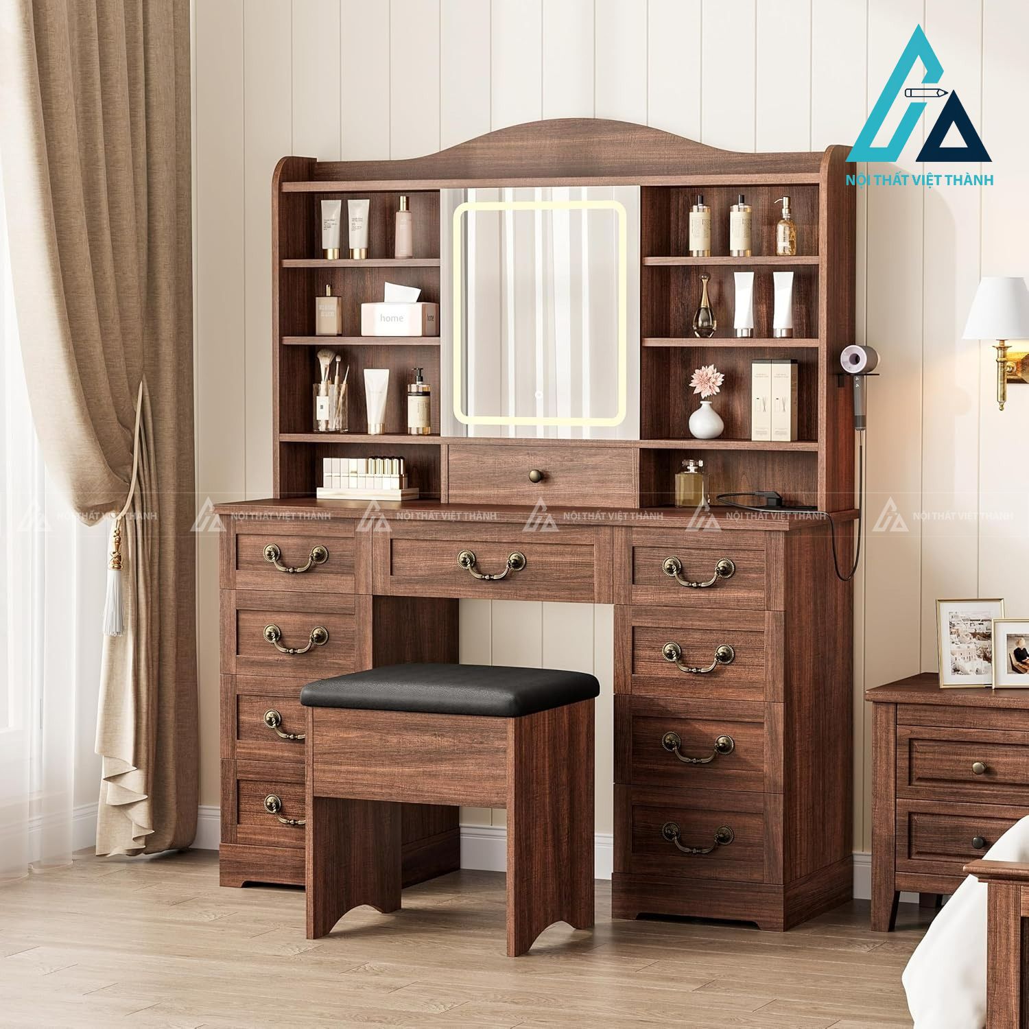 Bàn trang điểm MDF nhiều ngăn kèm gương LED hiện đại tích hợp ổ cắm tiện ích