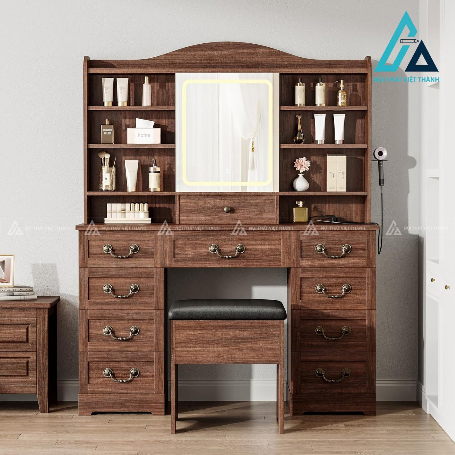Bàn trang điểm MDF nhiều ngăn kèm gương LED hiện đại tích hợp ổ cắm tiện ích 1