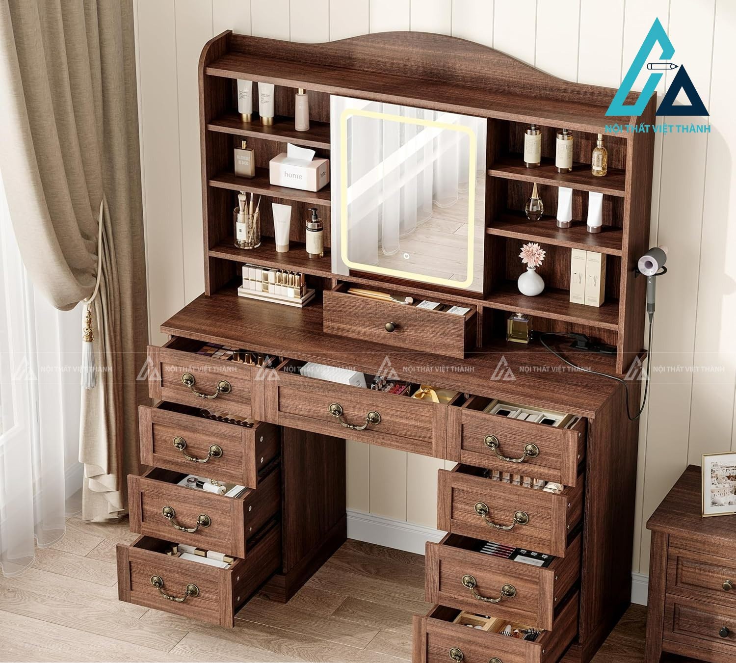 Bàn trang điểm MDF nhiều ngăn kèm gương LED hiện đại tích hợp ổ cắm tiện ích 3