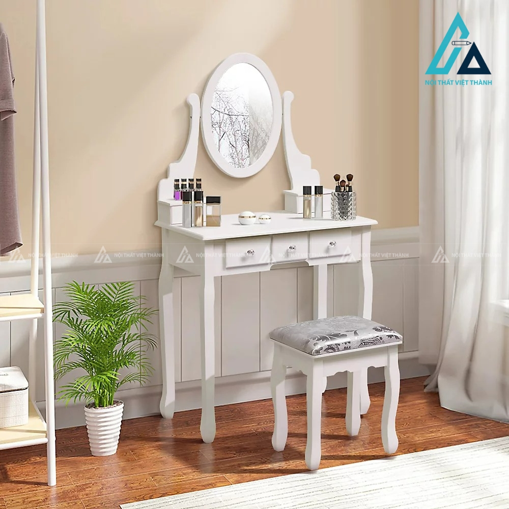 Bàn trang điểm MDF trắng 5 ngăn kéo kèm ghế nệm hiện đại 1