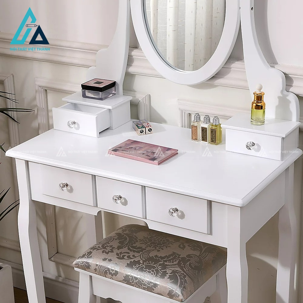Bàn trang điểm MDF trắng 5 ngăn kéo kèm ghế nệm hiện đại 3