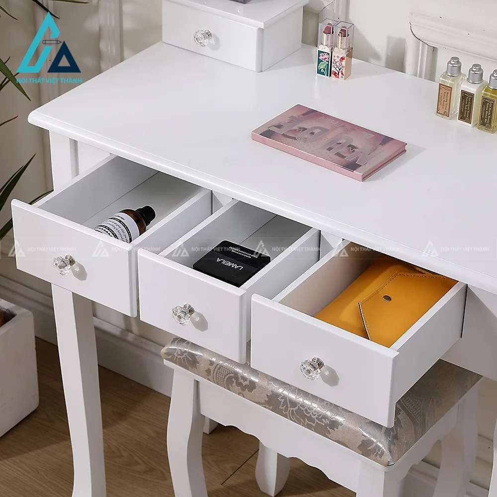 Bàn trang điểm MDF trắng 5 ngăn kéo kèm ghế nệm hiện đại 4