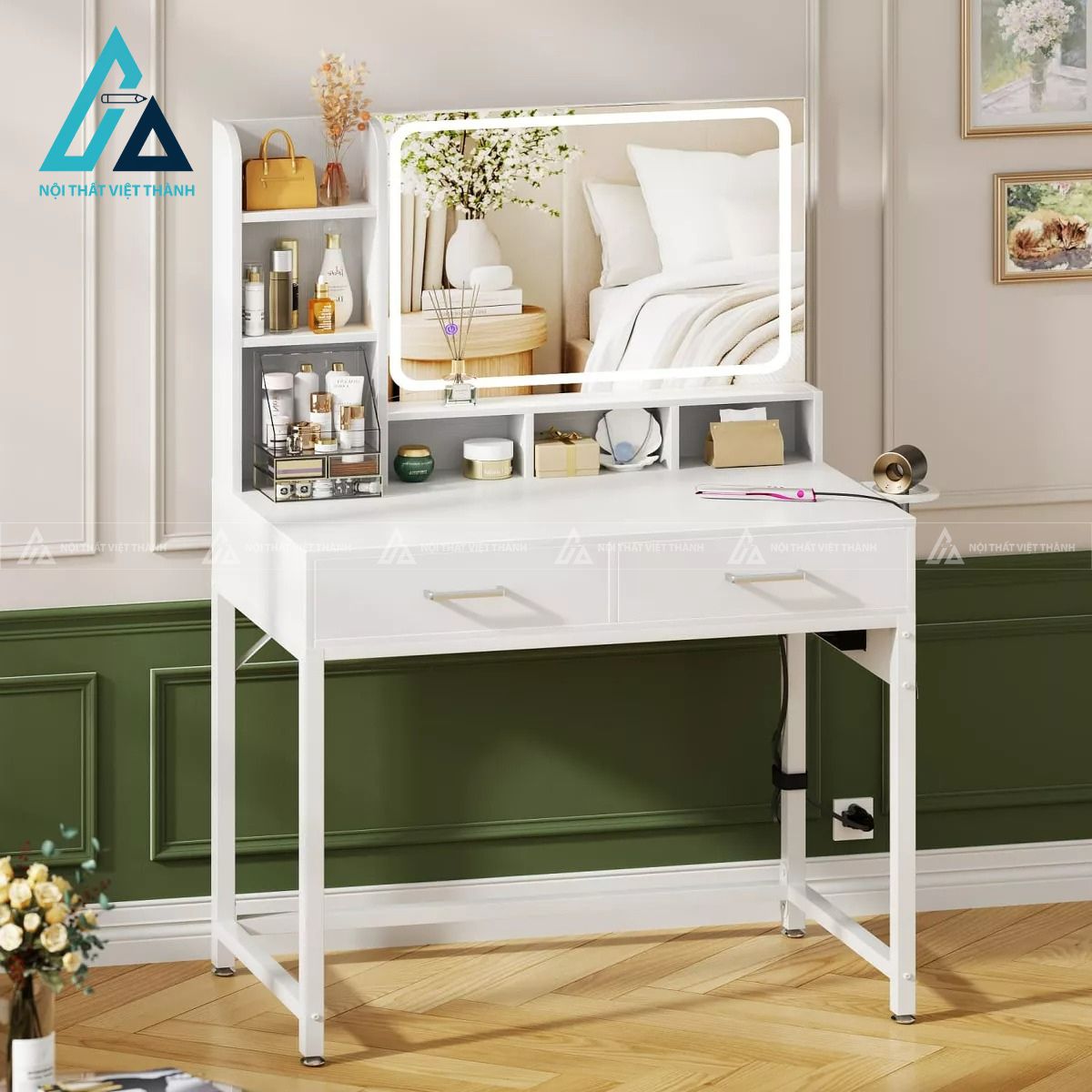 Bàn trang điểm MDF trắng gương LED cảm ứng tích hợp ổ cắm tiện lợi 3