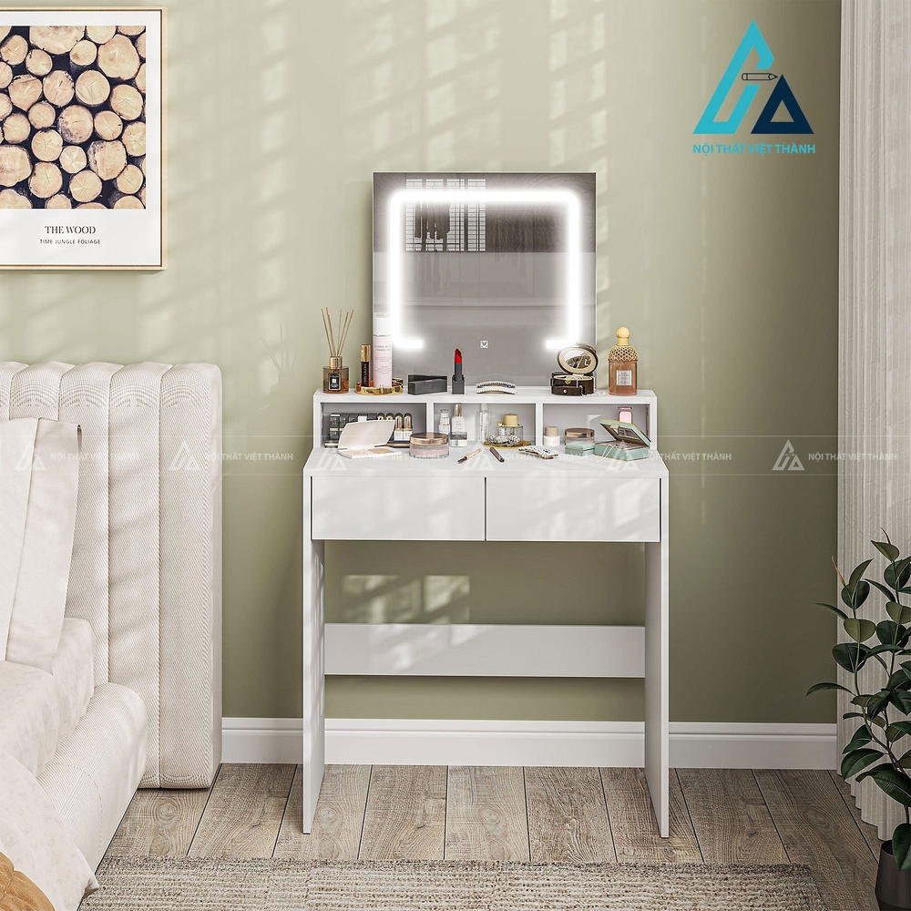 Bàn trang điểm MDF trắng gương LED đa ngăn thiết kế hiện đại gọn gàng