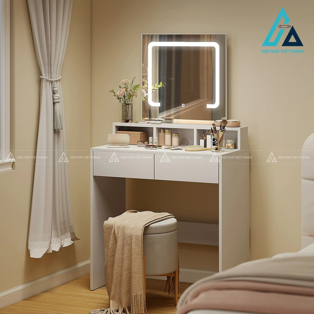 Bàn trang điểm MDF trắng gương LED đa ngăn thiết kế hiện đại gọn gàng 1