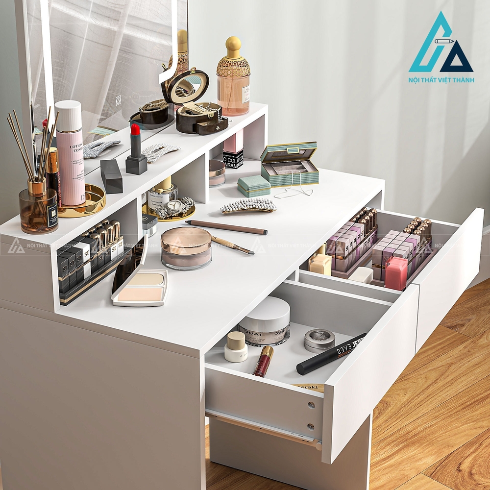 Bàn trang điểm MDF trắng gương LED đa ngăn thiết kế hiện đại gọn gàng 2