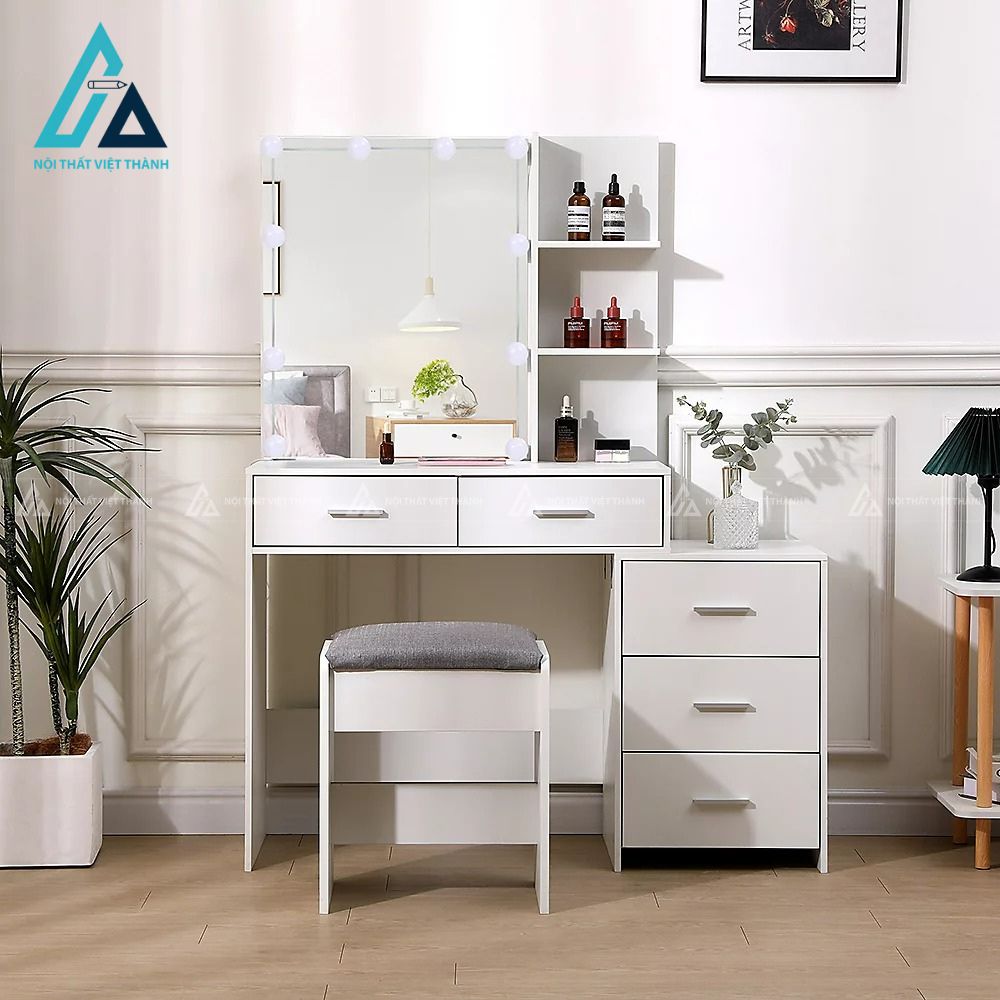 Bàn trang điểm MDF trắng gương LED kệ hông tiện ích kèm ghế