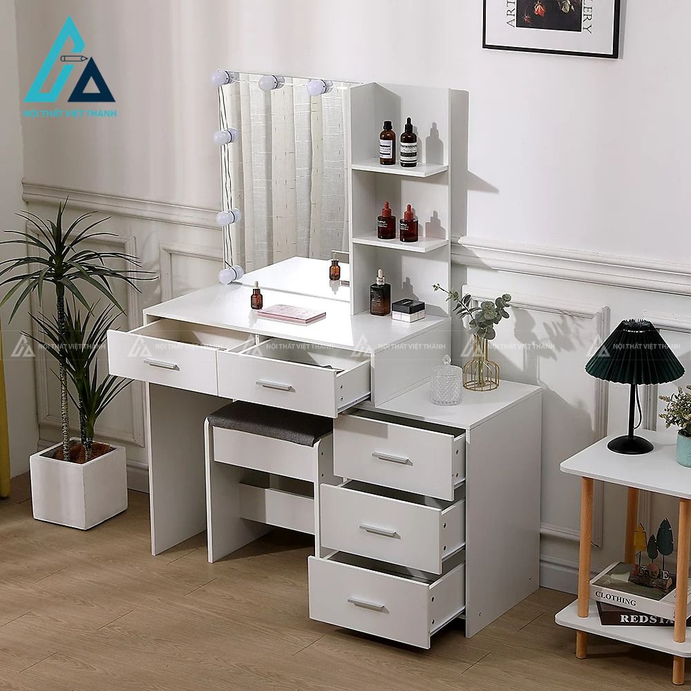 Bàn trang điểm MDF trắng gương LED kệ hông tiện ích kèm ghế 1