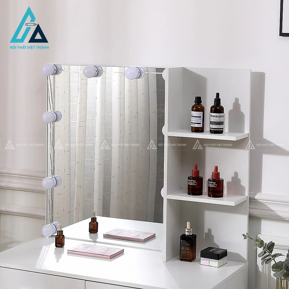 Bàn trang điểm MDF trắng gương LED kệ hông tiện ích kèm ghế 3