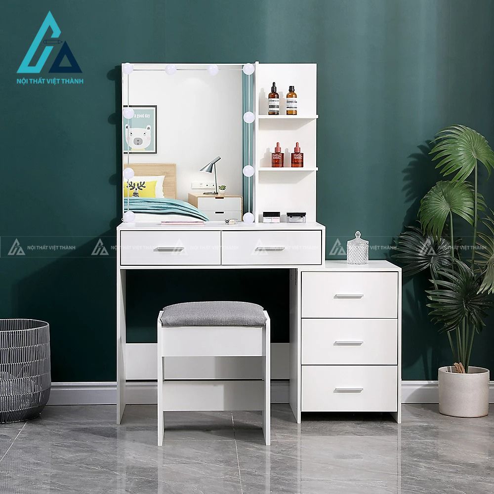 Bàn trang điểm MDF trắng gương LED kệ hông tiện ích kèm ghế 4