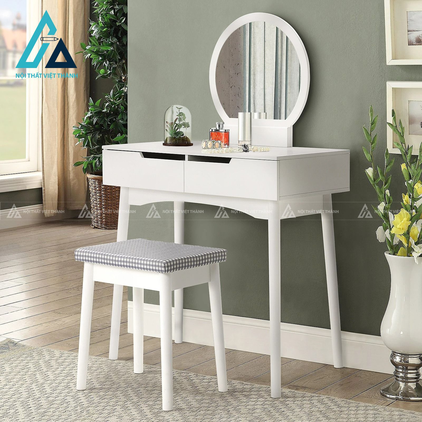 Bàn trang điểm MDF trắng phong cách tân cổ điển tinh tế kèm ghế êm 2
