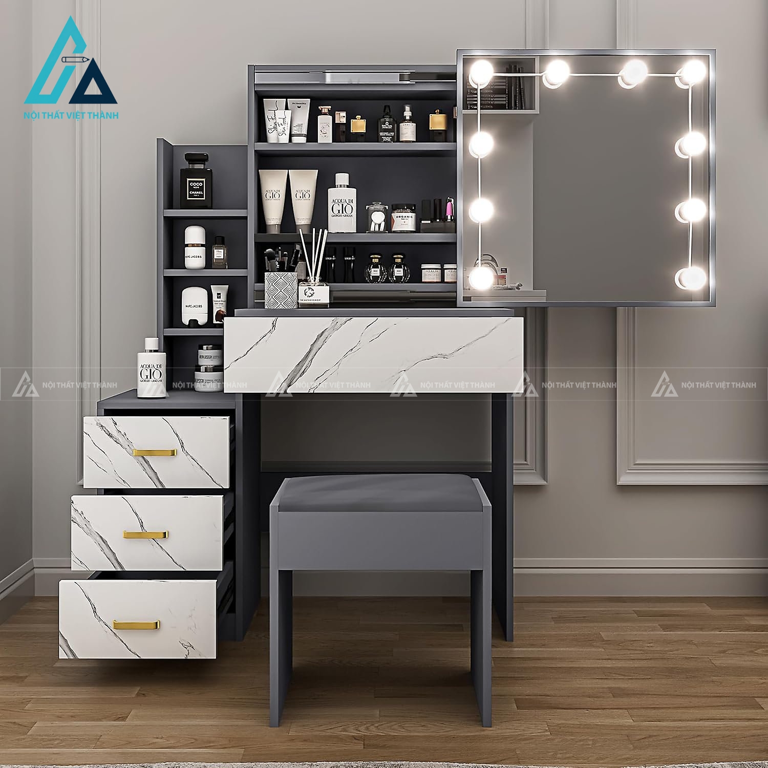 Bàn trang điểm MDF vân đá trắng xám gương đèn LED kèm ghế hiện đại