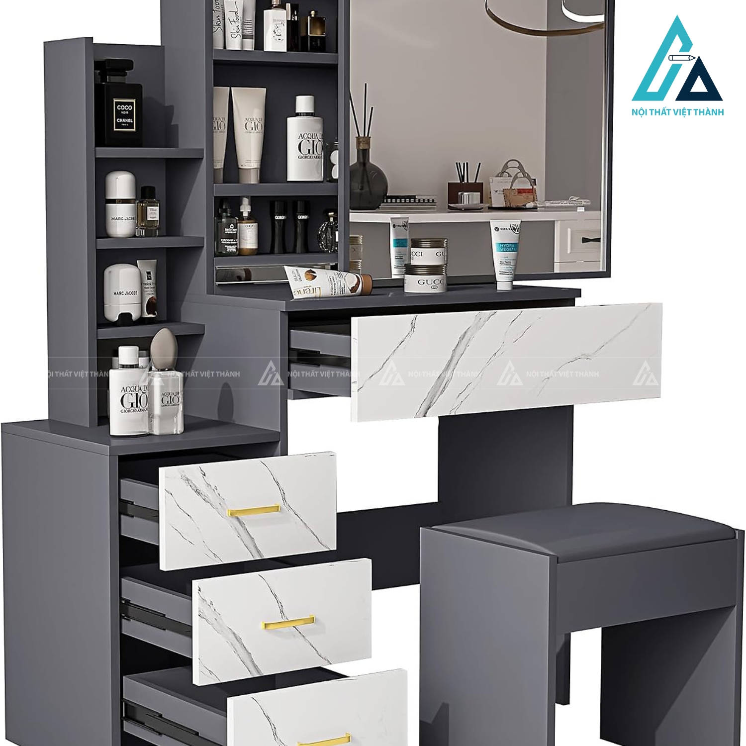 Bàn trang điểm MDF vân đá trắng xám gương đèn LED kèm ghế hiện đại 2