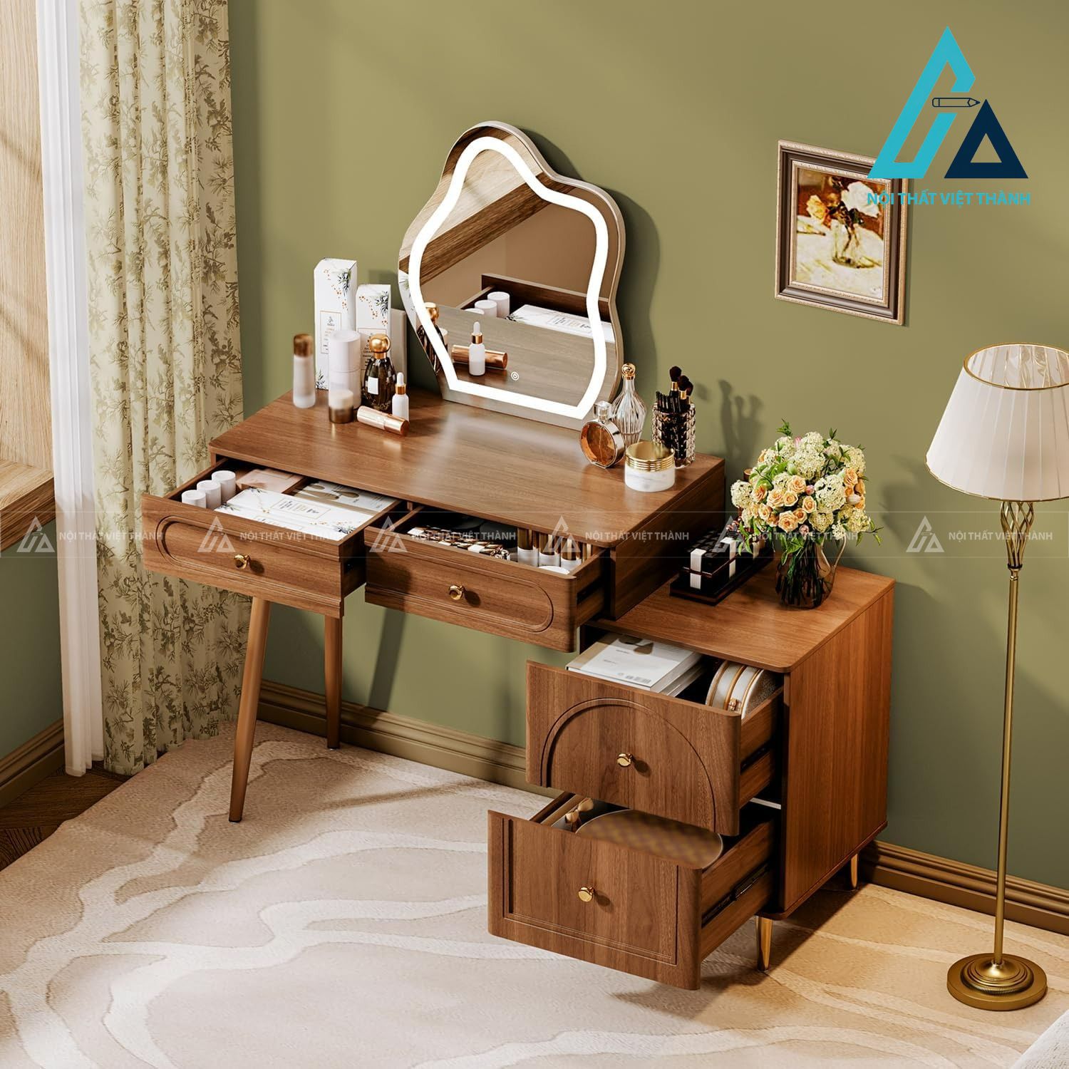 Bàn trang điểm MDF vân óc chó kèm gương LED thiết kế hiện đại tiện ích 1