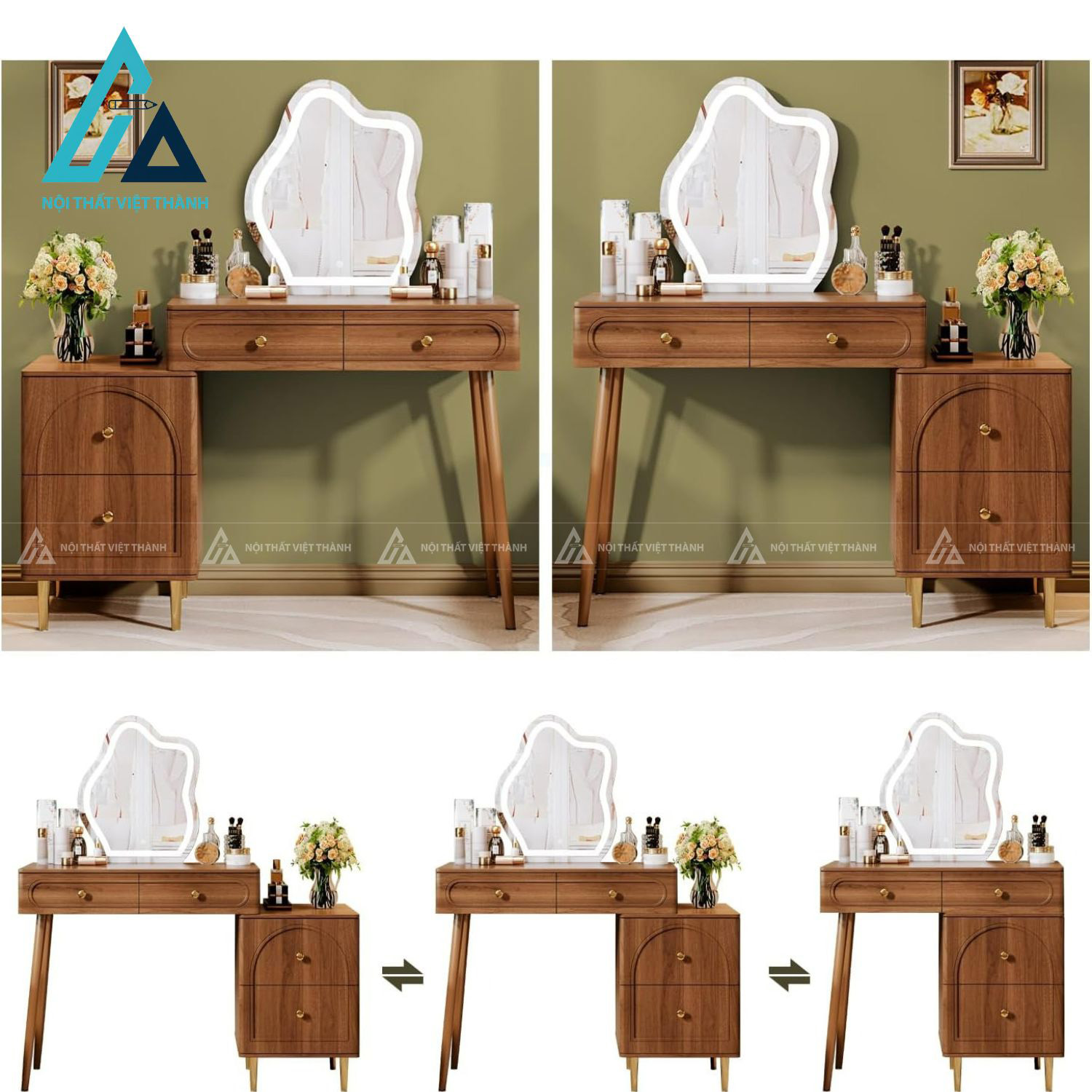 Bàn trang điểm MDF vân óc chó kèm gương LED thiết kế hiện đại tiện ích 2