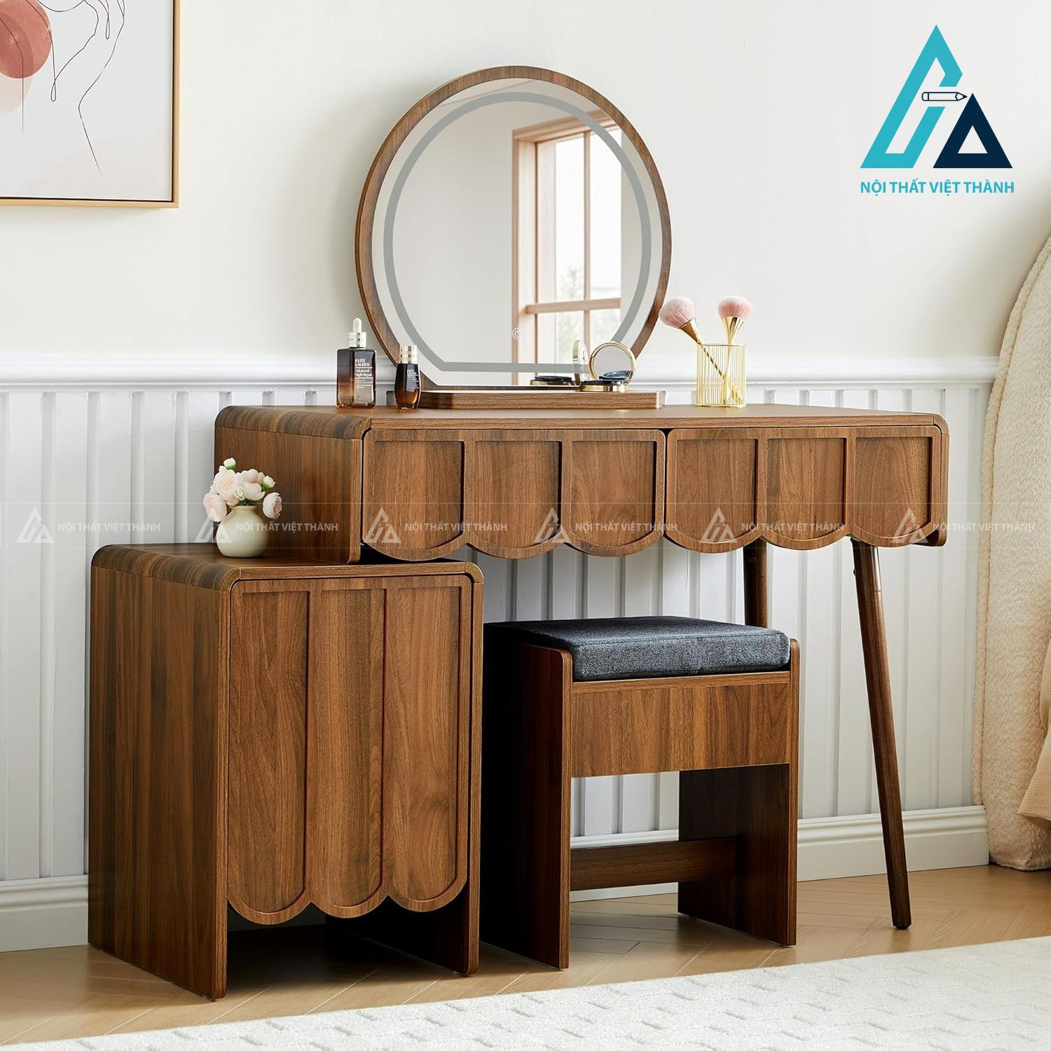 Bàn trang điểm MDF vân óc chó thiết kế sóng hiện đại kèm gương LED tròn 1