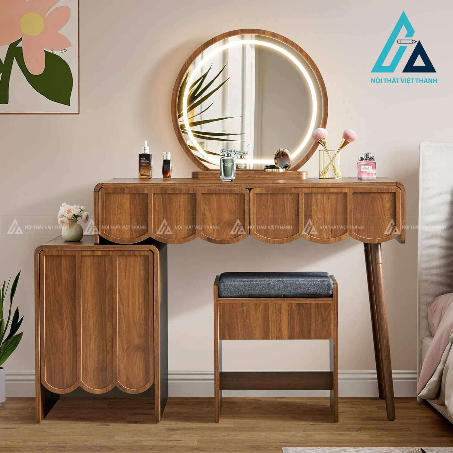 Bàn trang điểm MDF vân óc chó thiết kế sóng hiện đại kèm gương LED tròn