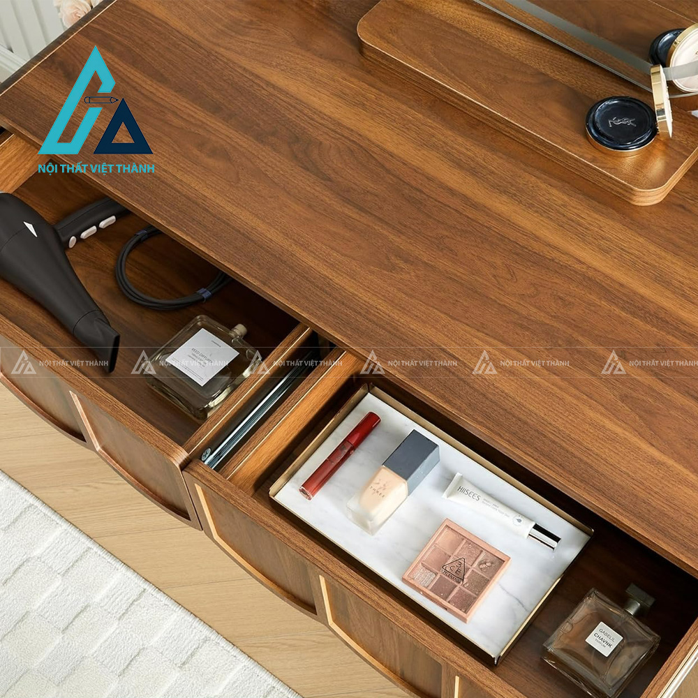 Bàn trang điểm MDF vân óc chó thiết kế sóng hiện đại kèm gương LED tròn 3