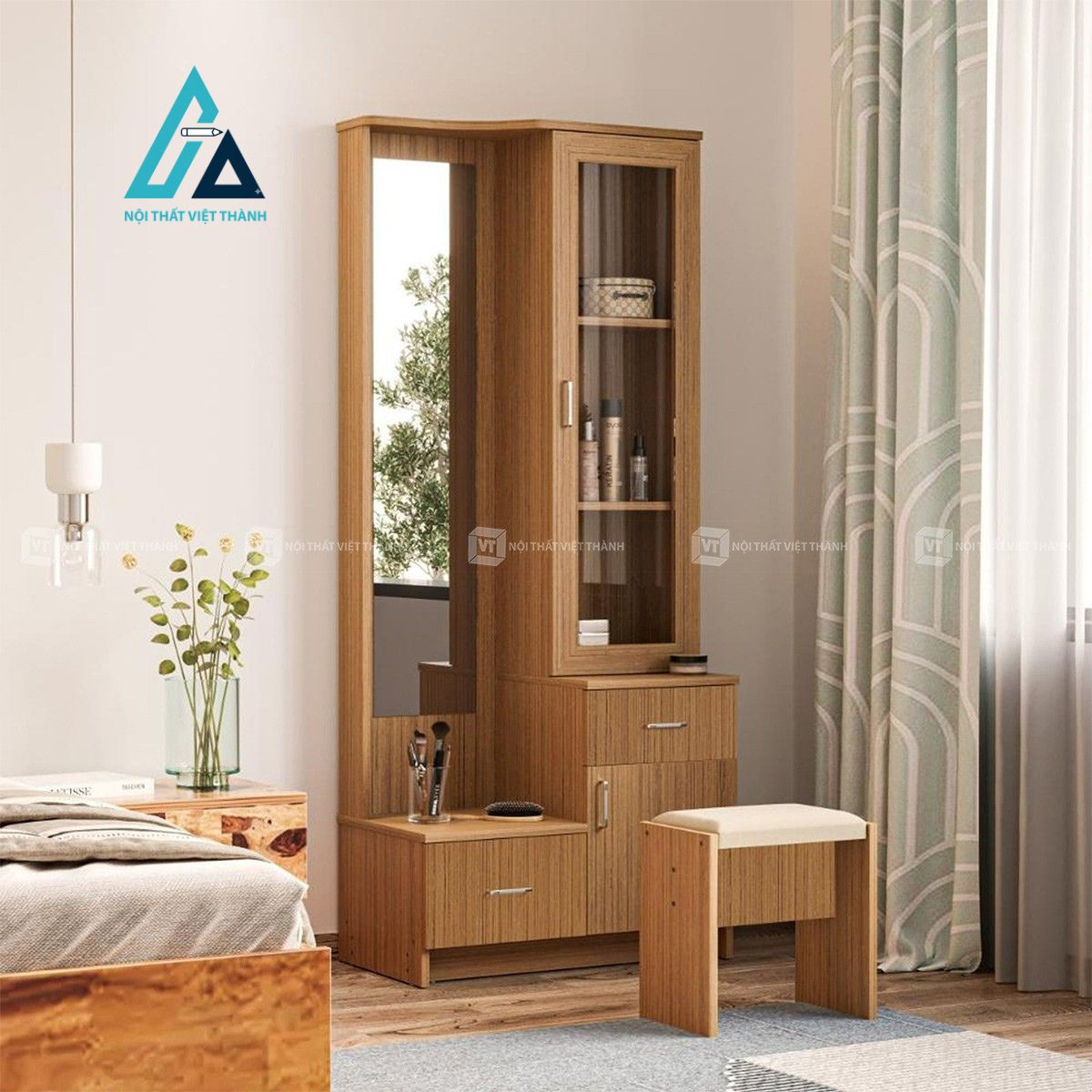 Bàn trang điểm treo tường MDF dạng đứng vân gỗ teak hiện đại