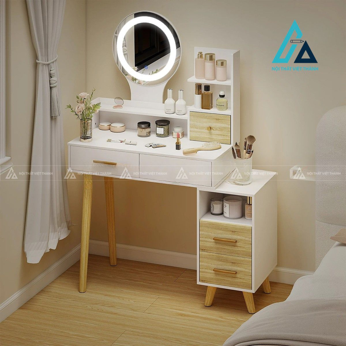 Bàn trang điểm treo tường MDF nhiều ngăn vân gỗ teak tiết kiệm không gian 1