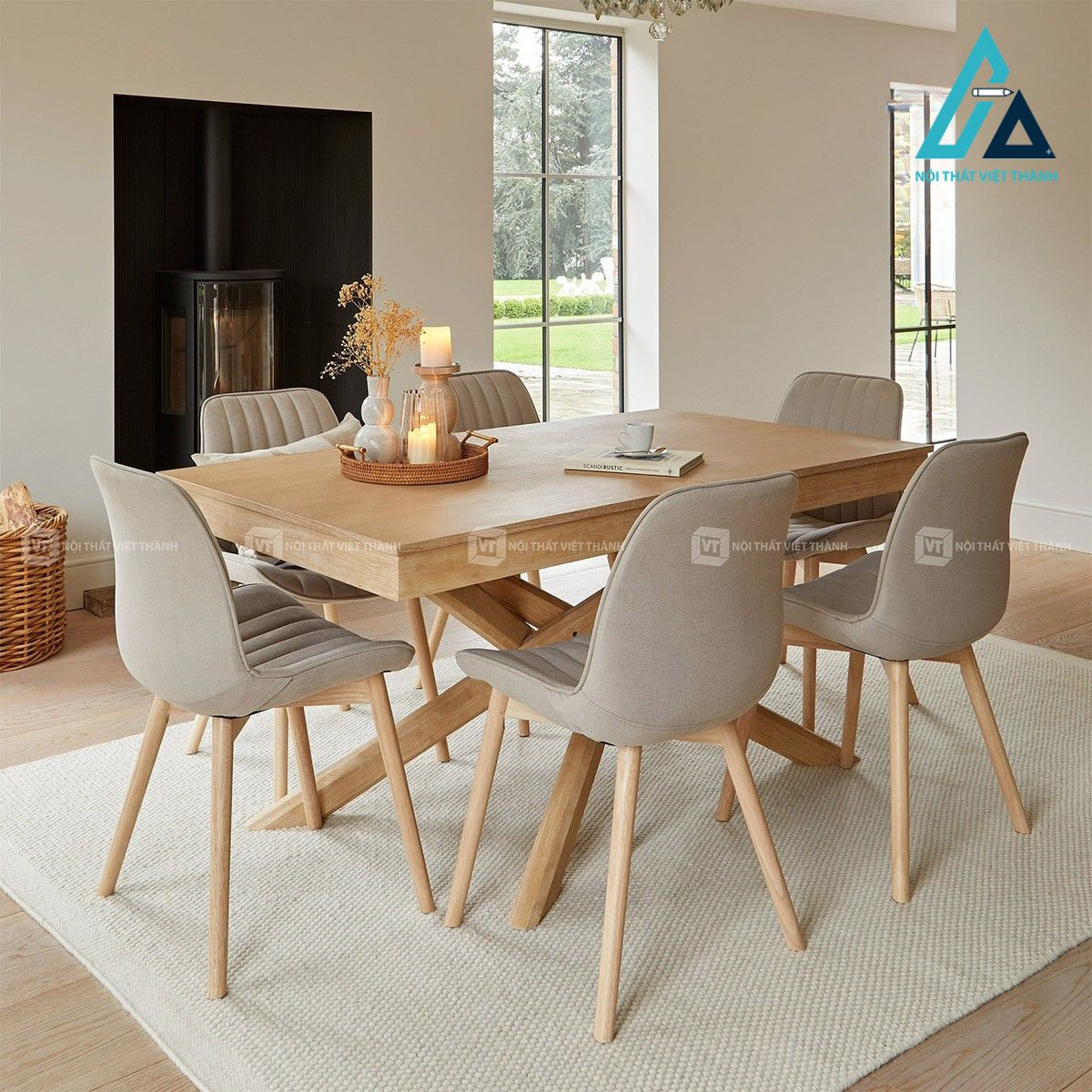 Bộ bàn ăn gỗ sồi 6 ghế bọc nệm phong cách hiện đại
