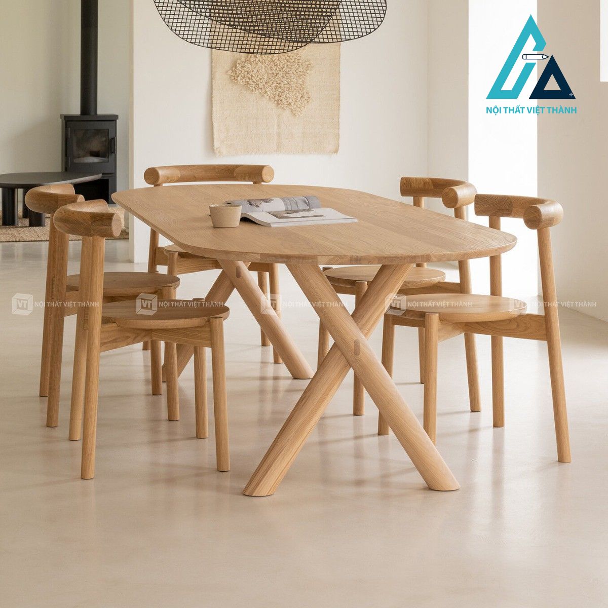 Bộ bàn ăn gỗ sồi tự nhiên 6 ghế thiết kế hiện đại