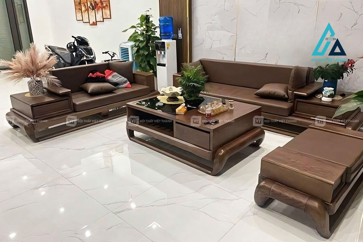 Bộ bàn ghế sofa gỗ sồi phòng khách màu óc chó sang trọng hiện đại 1