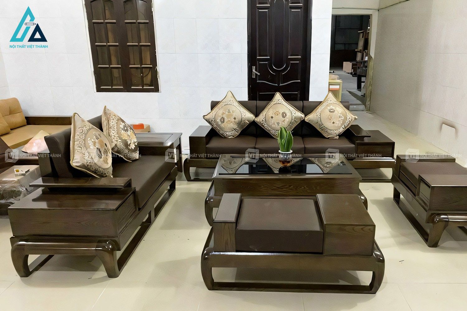 Bộ bàn ghế sofa gỗ sồi phòng khách màu óc chó sang trọng hiện đại 2