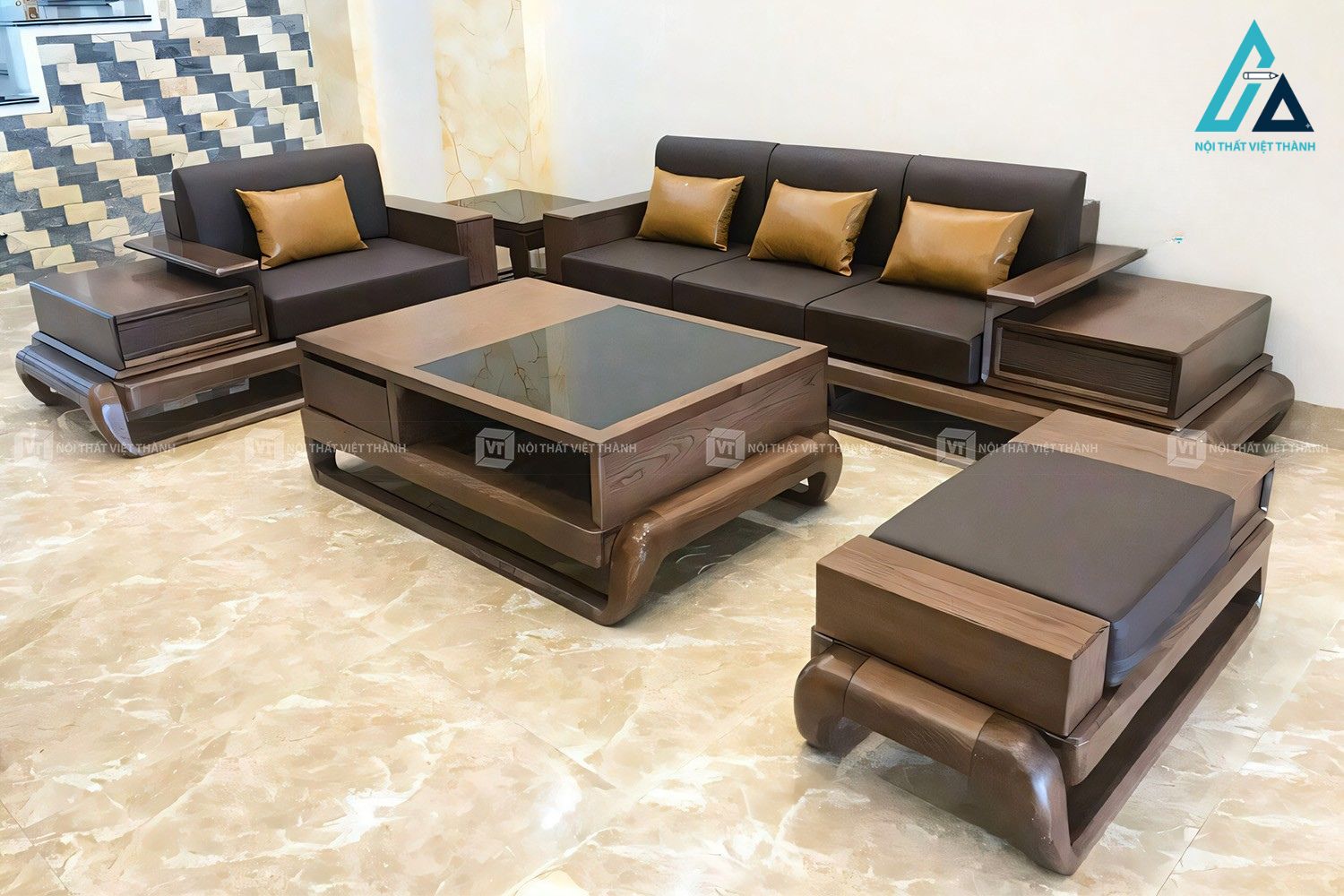 Bộ bàn ghế sofa gỗ sồi phòng khách màu óc chó sang trọng hiện đại