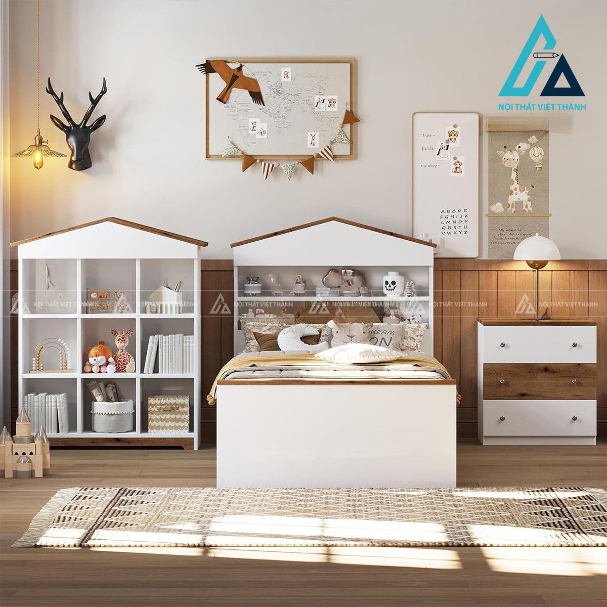 Combo phòng ngủ trẻ em giường gỗ hình ngôi nhà kèm tủ đầu giường và kệ lưu trữ 1