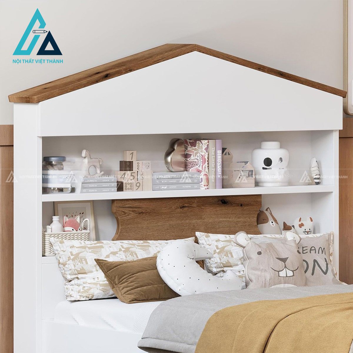 Combo phòng ngủ trẻ em giường gỗ hình ngôi nhà kèm tủ đầu giường và kệ lưu trữ 2