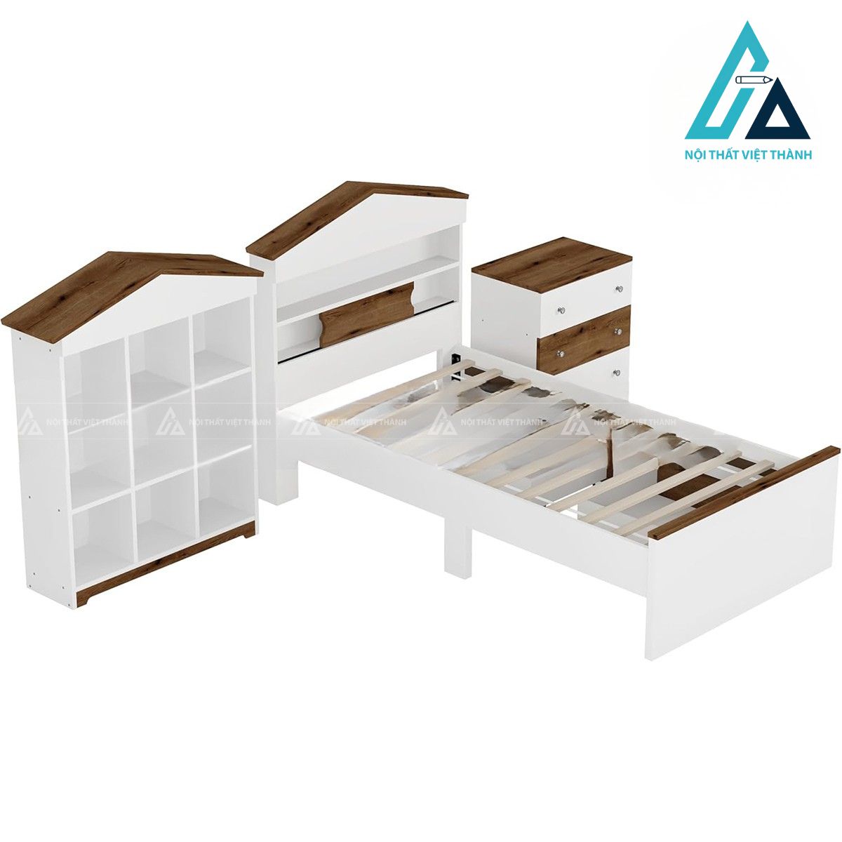 Combo phòng ngủ trẻ em giường gỗ hình ngôi nhà kèm tủ đầu giường và kệ lưu trữ 3