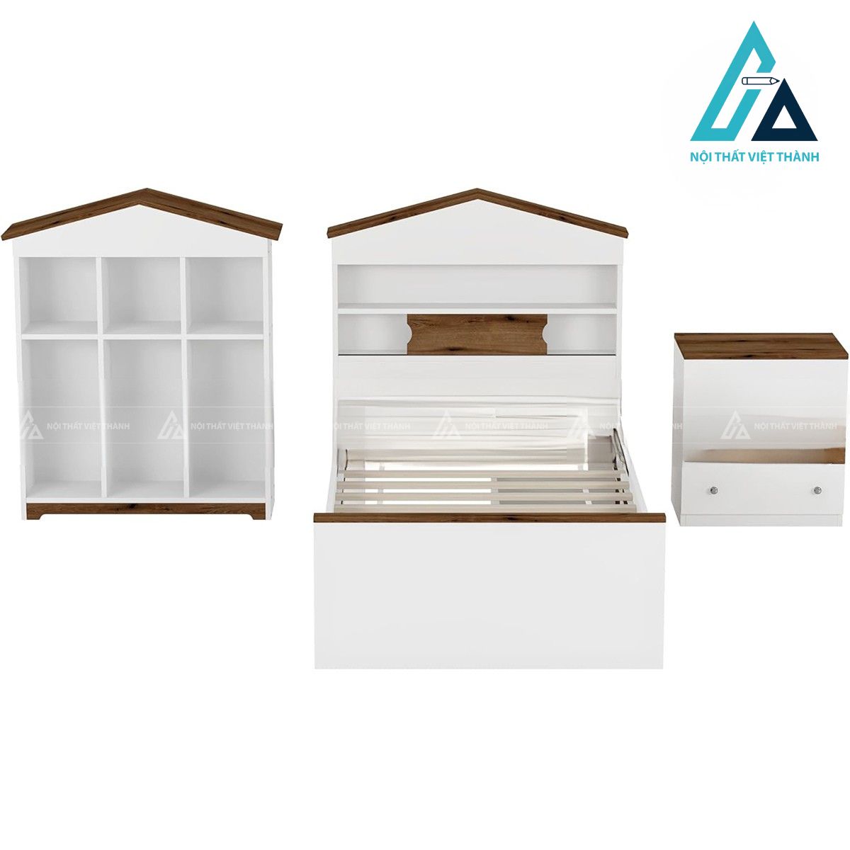 Combo phòng ngủ trẻ em giường gỗ hình ngôi nhà kèm tủ đầu giường và kệ lưu trữ 4