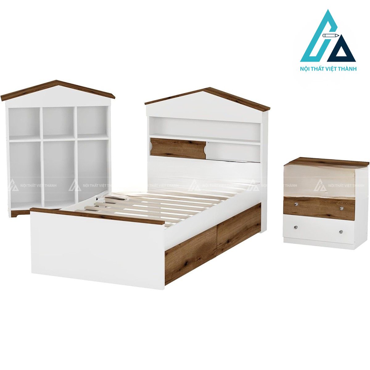 Combo phòng ngủ trẻ em giường gỗ hình ngôi nhà kèm tủ đầu giường và kệ lưu trữ 5
