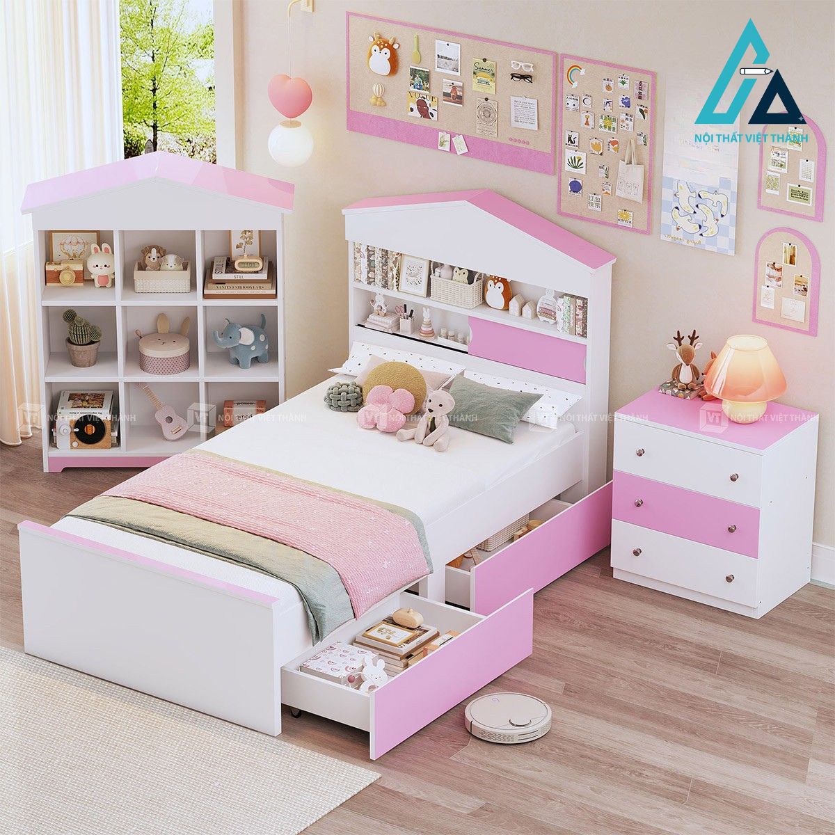 Combo giường ngủ trẻ em hình ngôi nhà kèm tab đầu giường và kệ trang trí màu hồng trắng