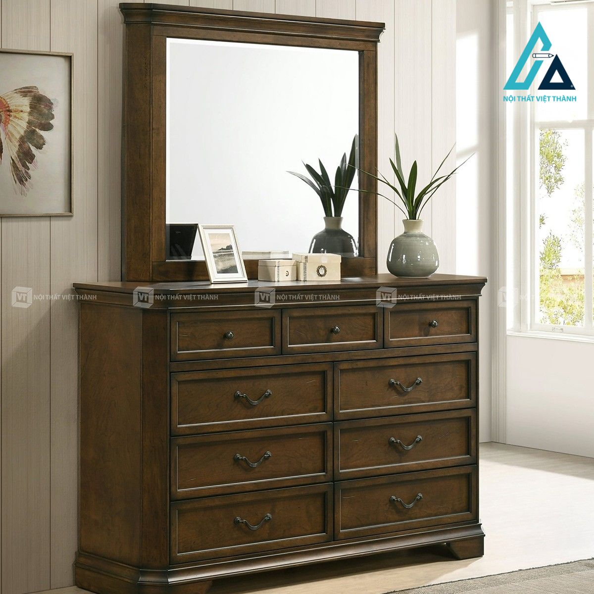 Combo nội thất phòng ngủ 4 món gỗ màu óc chó cổ điển 5